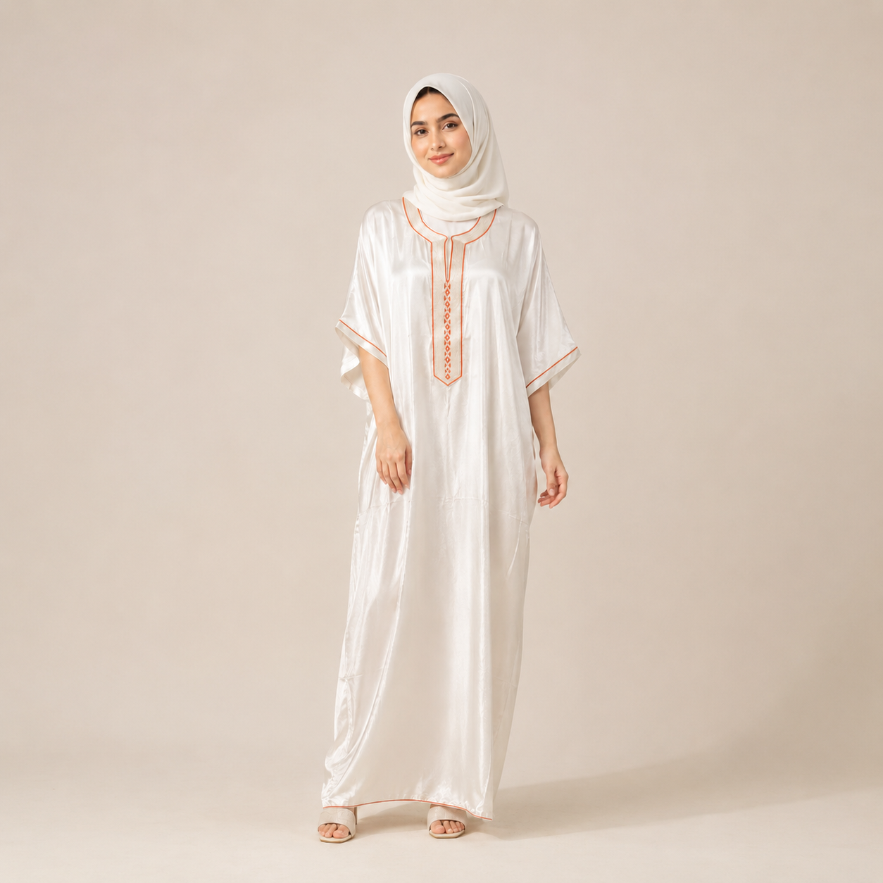 White Moroccan Gandoura With Red Embroidered Trim 5 Pcs
