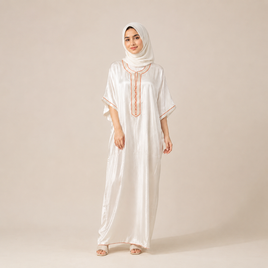 White Moroccan Gandoura With Red Embroidered Trim