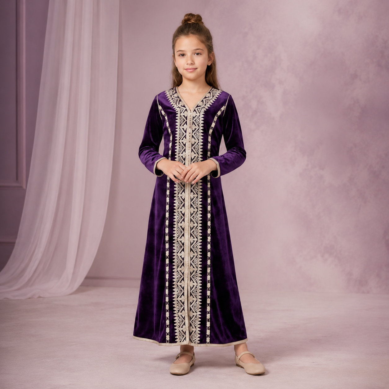 Girls’ Purple Moroccan Traditional Dress with Embroidered Detail