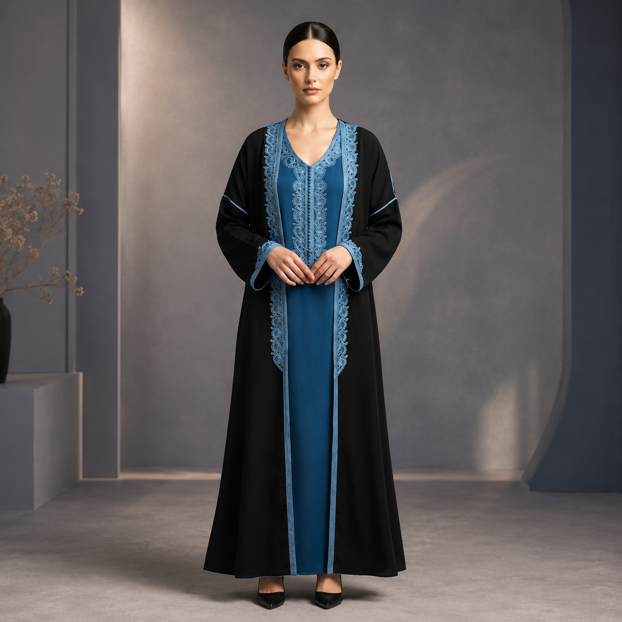 Black & Blue Moroccan Kaftan with Embroidered Front