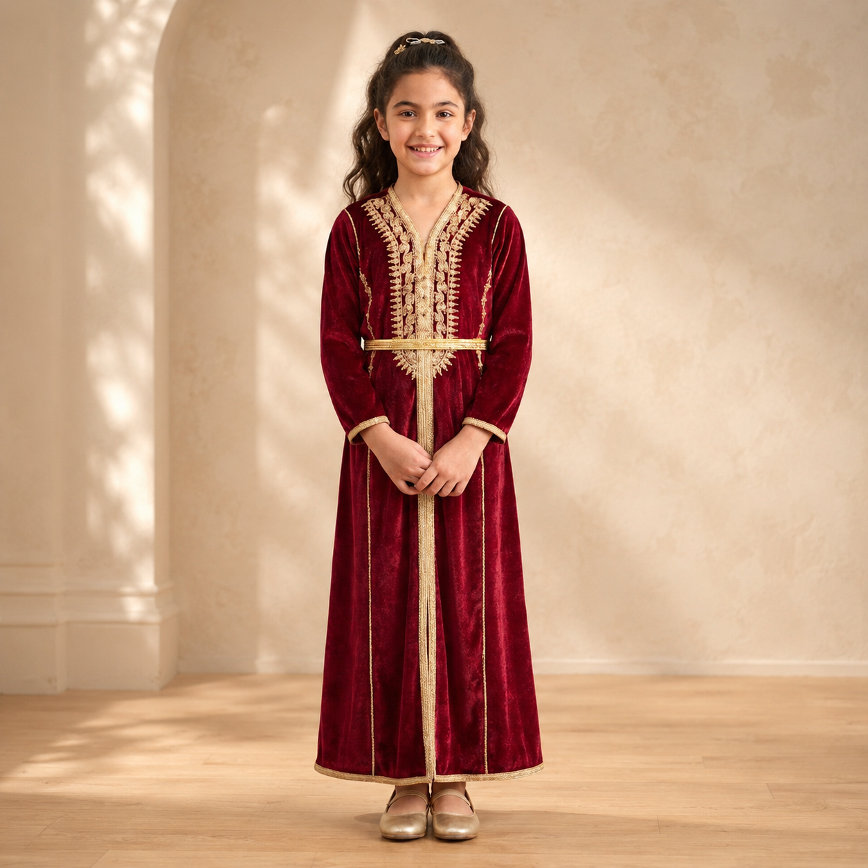Girls' Burgundy Moroccan Dress with Gold Embroidery