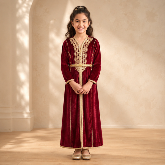Girls' Burgundy Moroccan Dress with Gold Embroidery