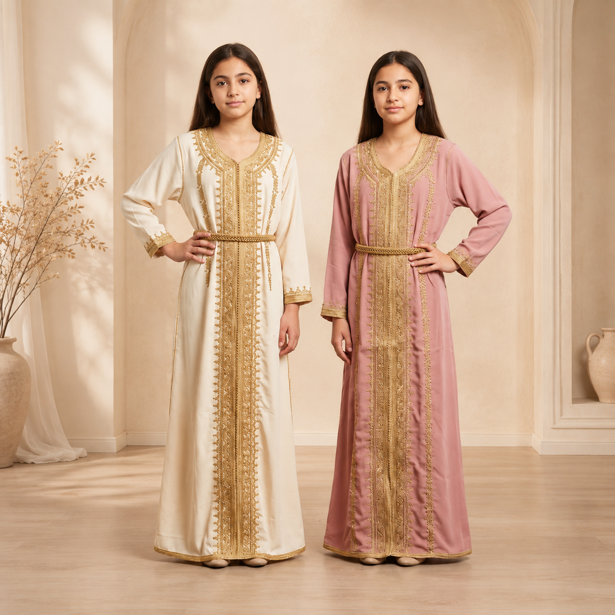 Girls' Moroccan Kaftan with Gold Embroidery
