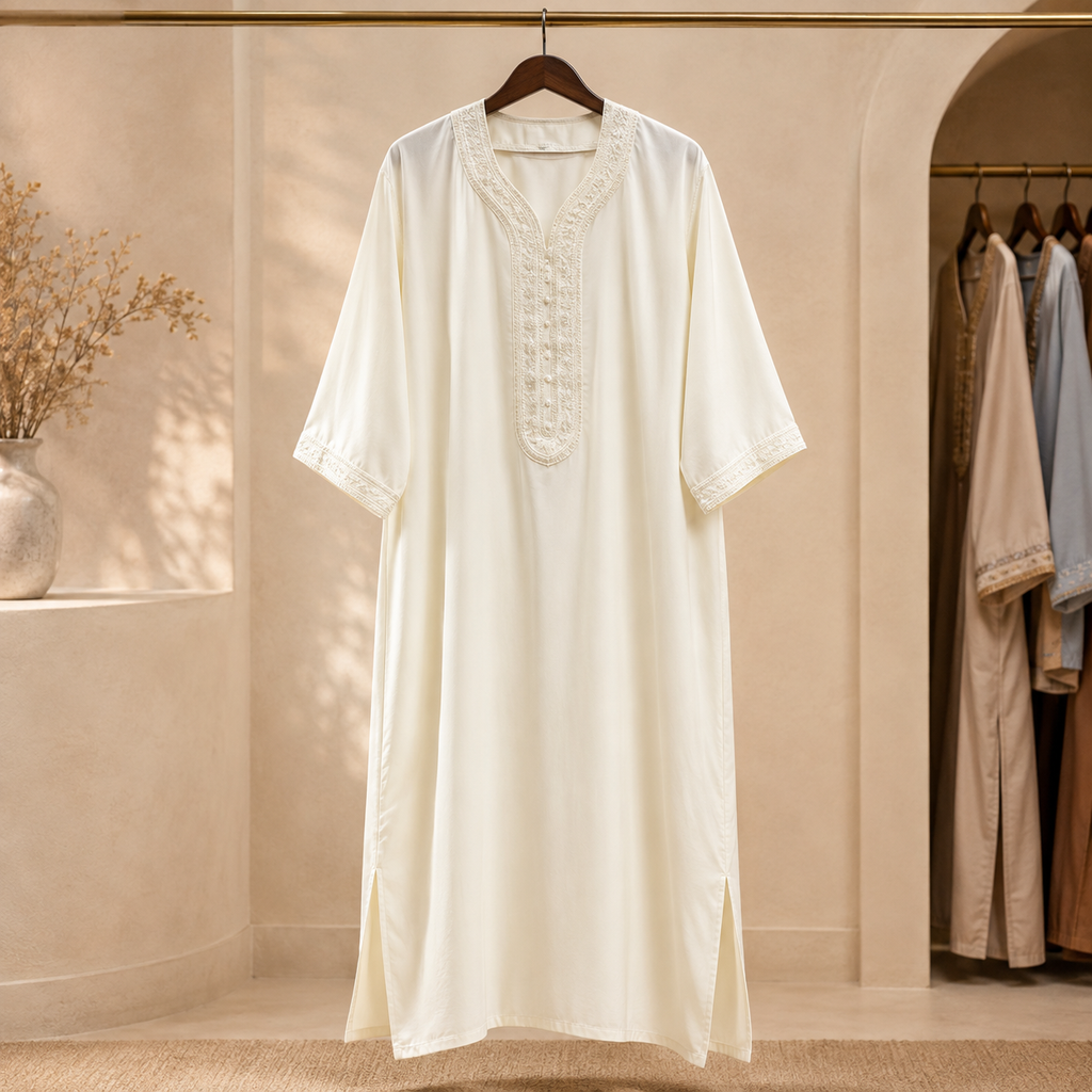 White Moroccan Gandoura with Traditional Embroidery