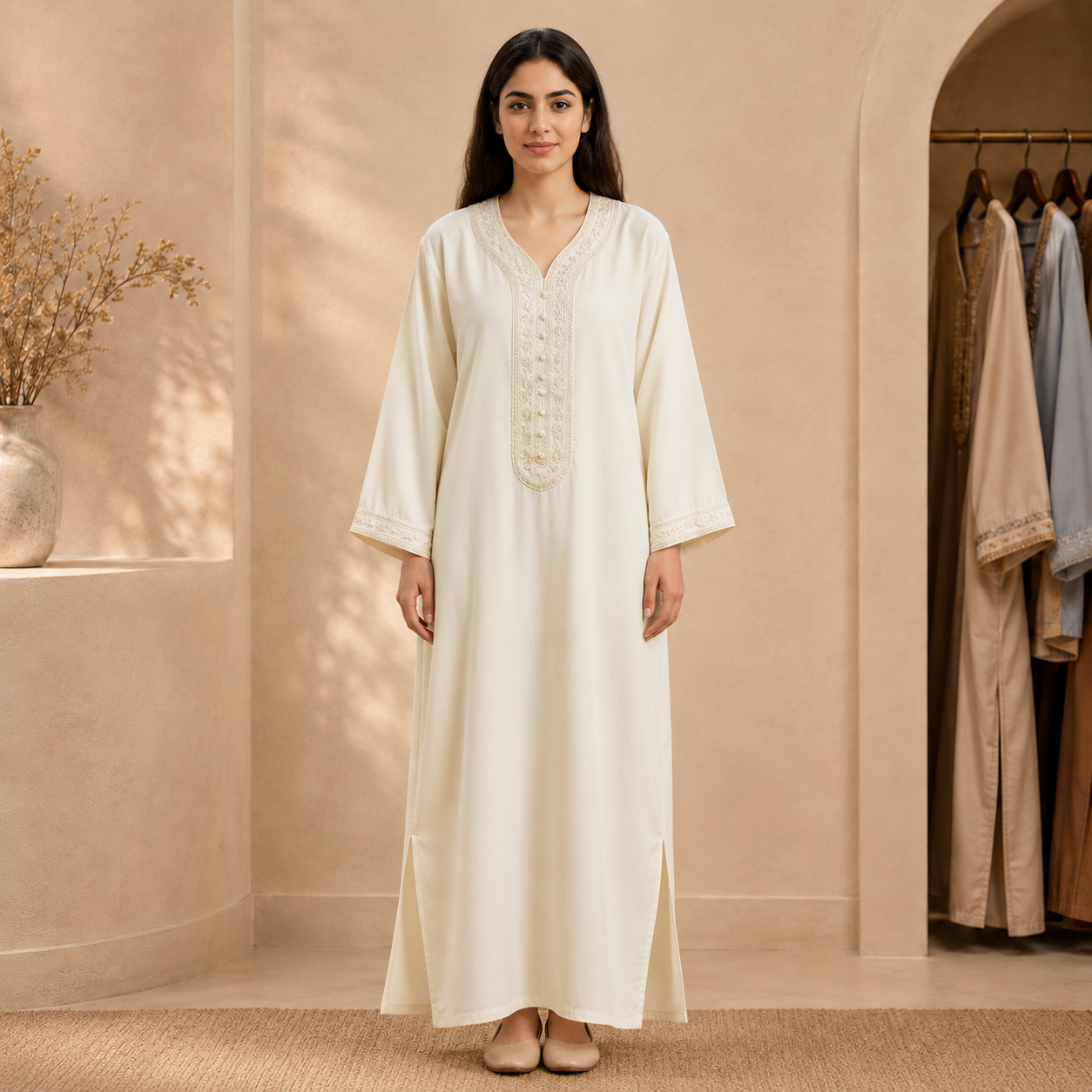 White Moroccan Gandoura with Traditional Embroidery