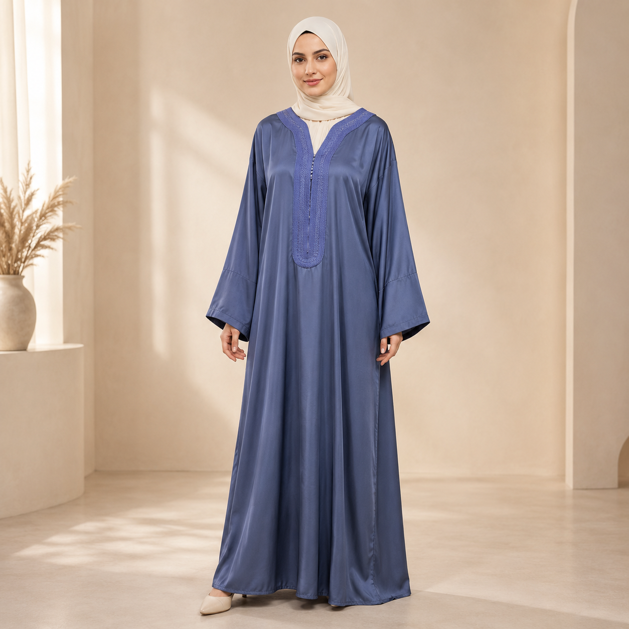 Slate Blue Moroccan Gandoura with Traditional Trim