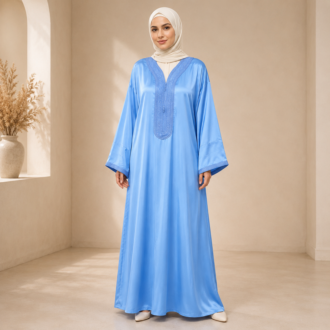 Sky Blue Moroccan Gandoura with Traditional Trim