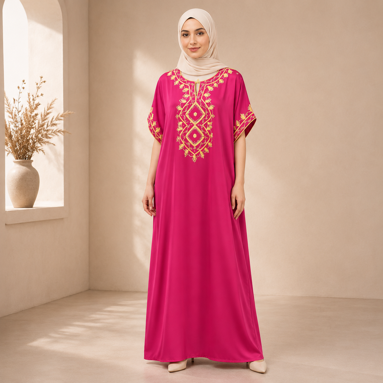 Fuchsia Moroccan Gandoura with Gold Embroidery