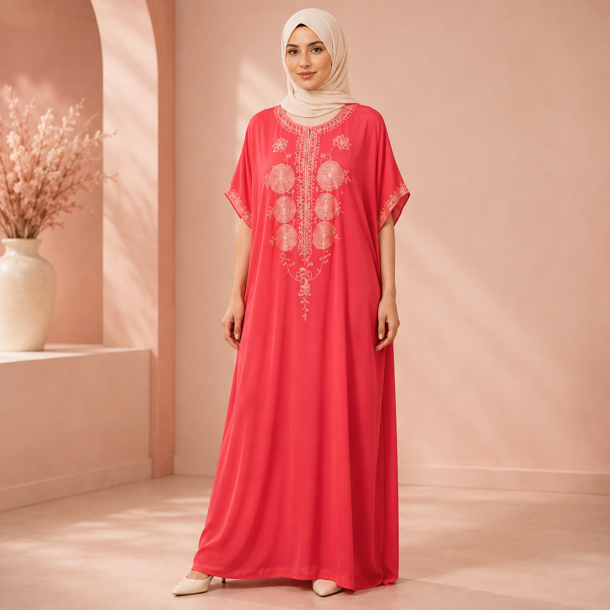 Coral Red Moroccan Gandoura with Floral Embroidery
