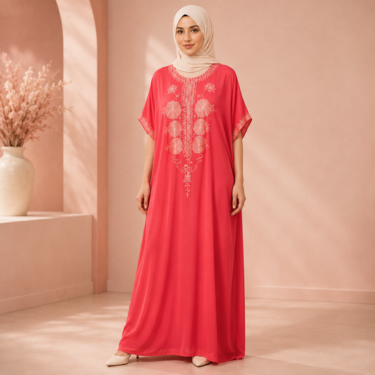 Coral Red Moroccan Gandoura with Floral Embroidery