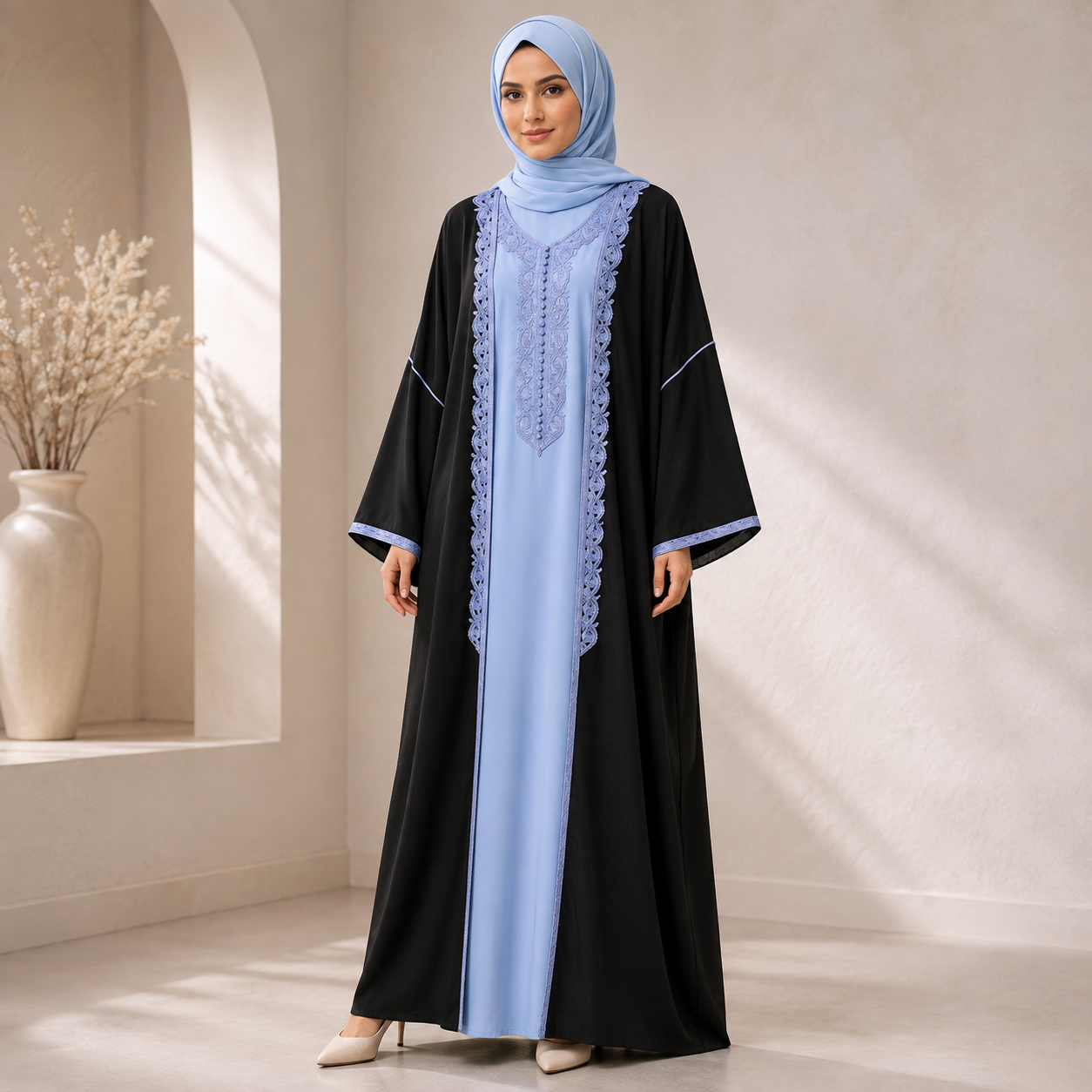 Black & Blue Moroccan Takshita with Embroidered Detailing