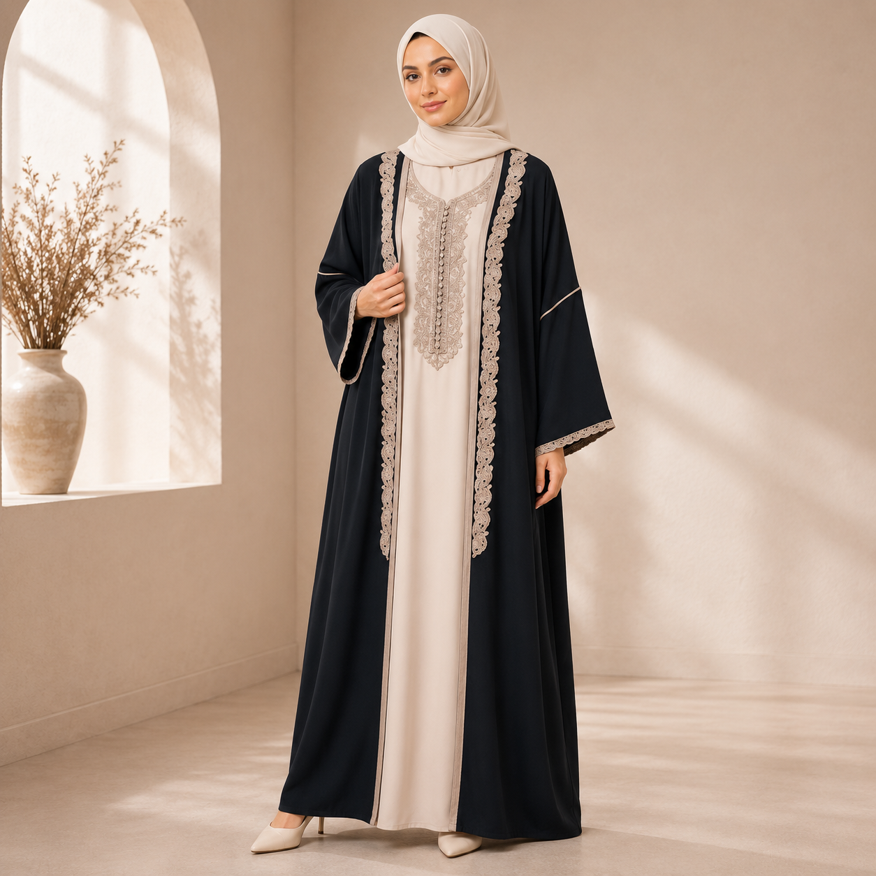 Black & Ivory Moroccan Takshita with Embroidered Detailing