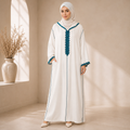 White Moroccan Gandoura with Teal Embroidery