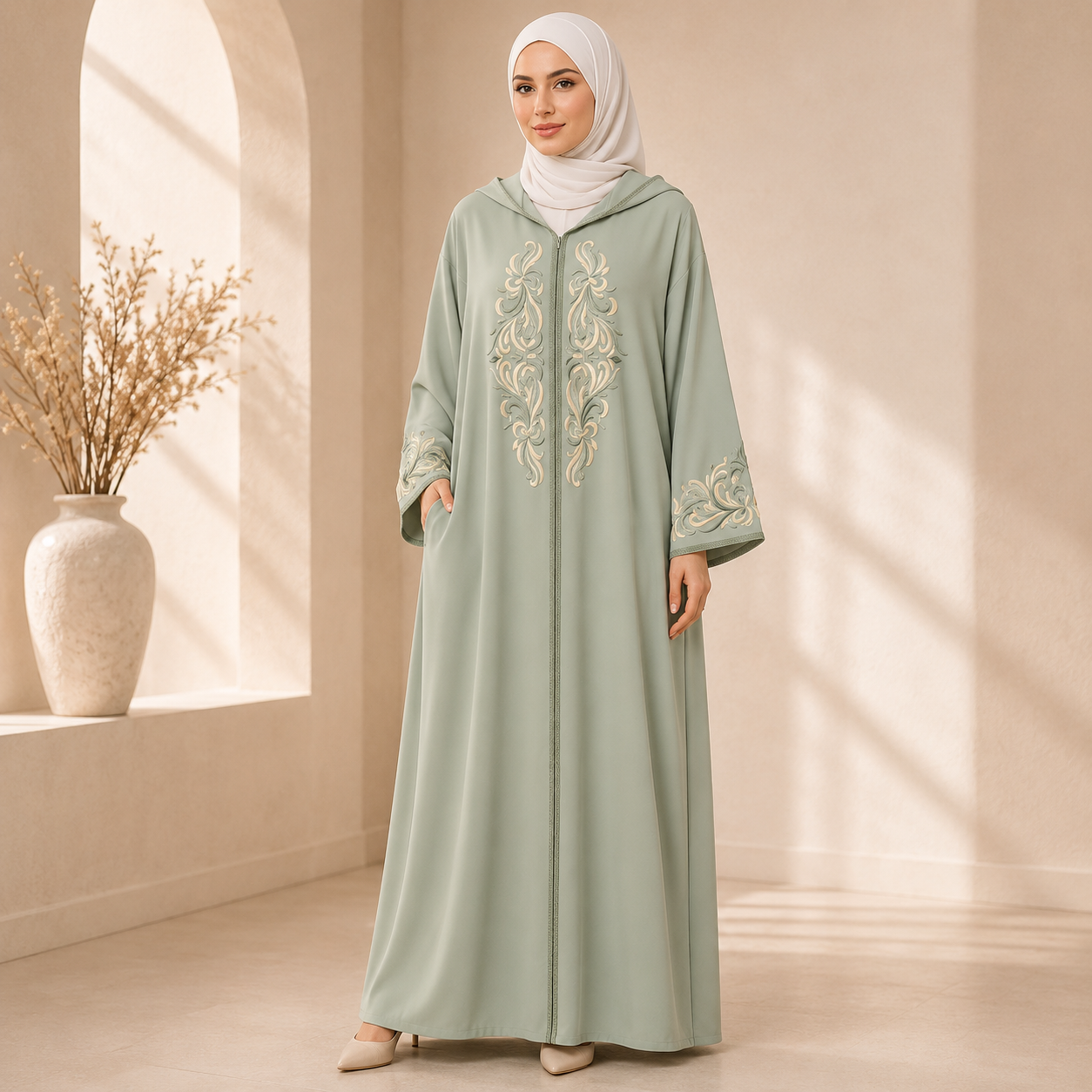 Sage Green Moroccan Gandoura with Floral Embroidery