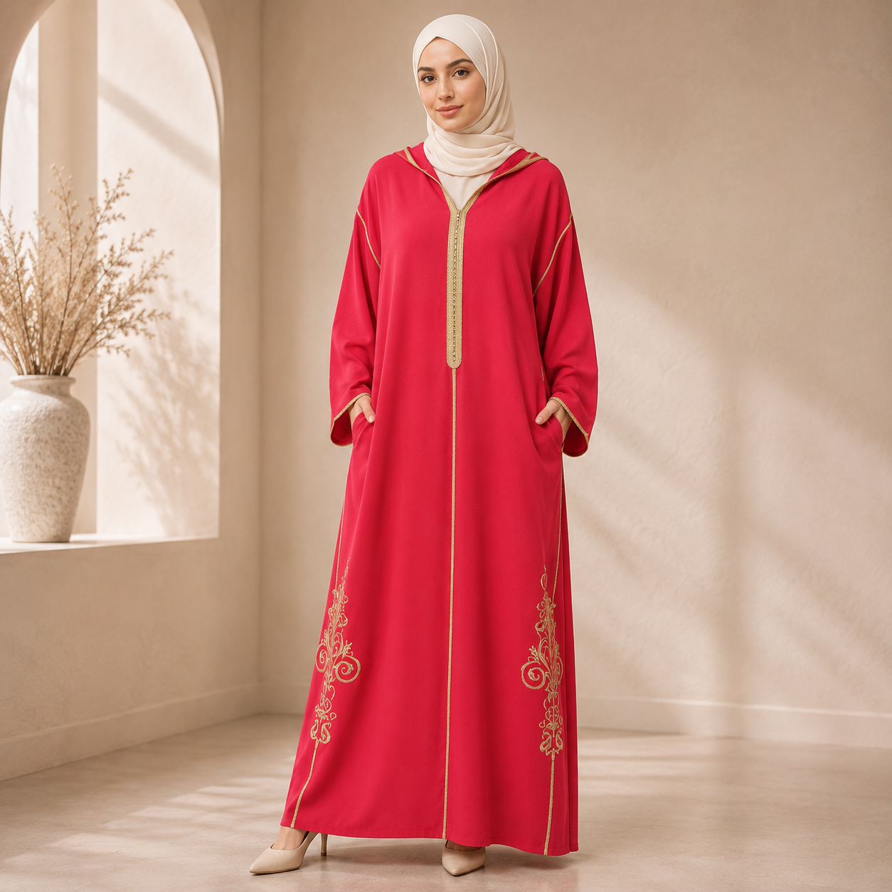 Red Moroccan Gandoura with Gold Embroidery
