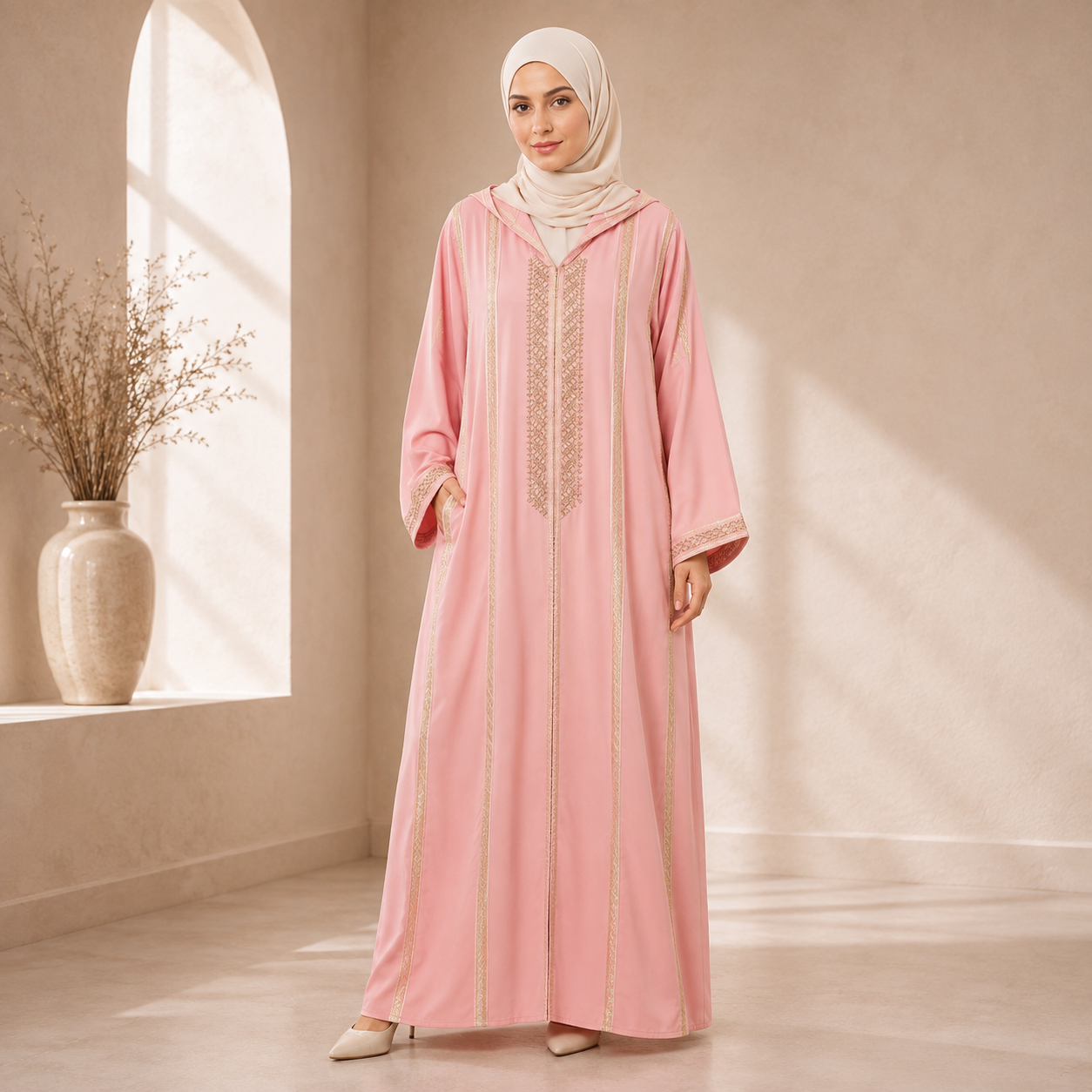 Blush Pink Moroccan Gandoura with Embroidered Detailing