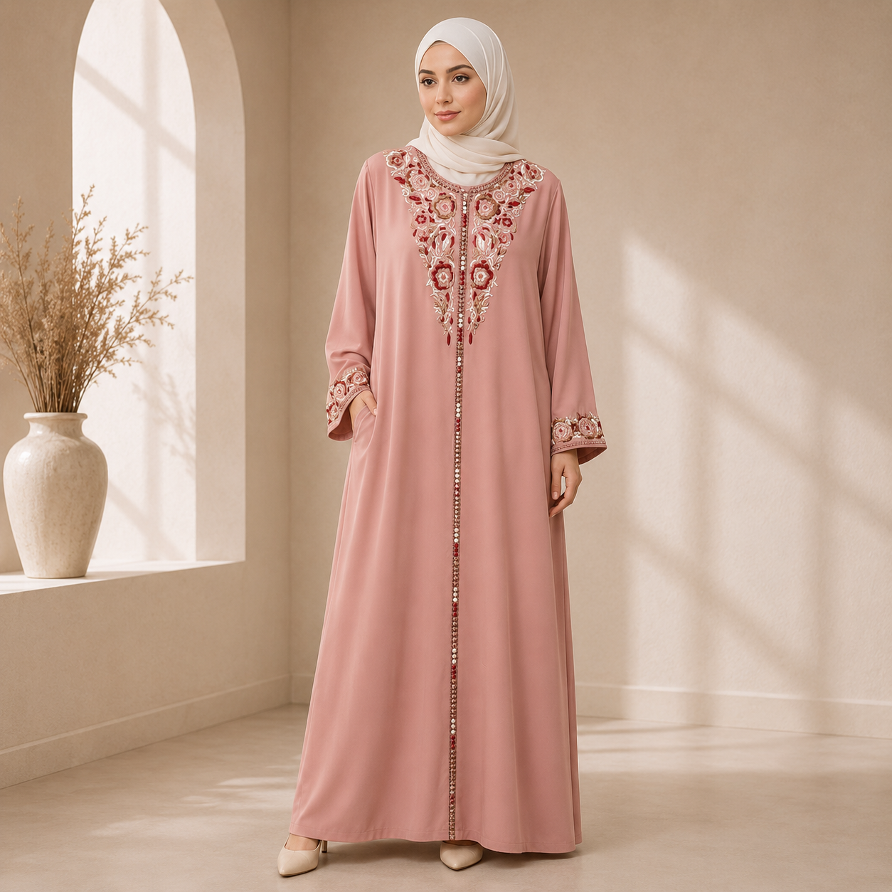 Dusty Pink Moroccan Gandoura with Floral Embroidery 5-Piece Set