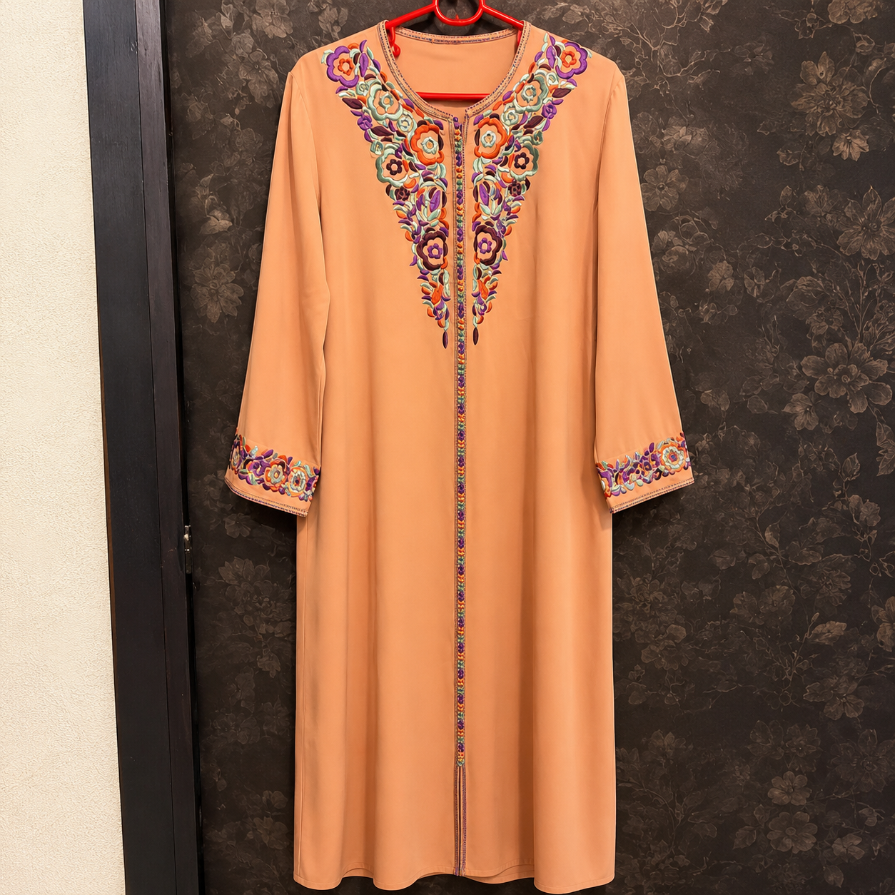 Peach Moroccan Gandoura with Multicolor Floral Embroidery 4-Piece Set