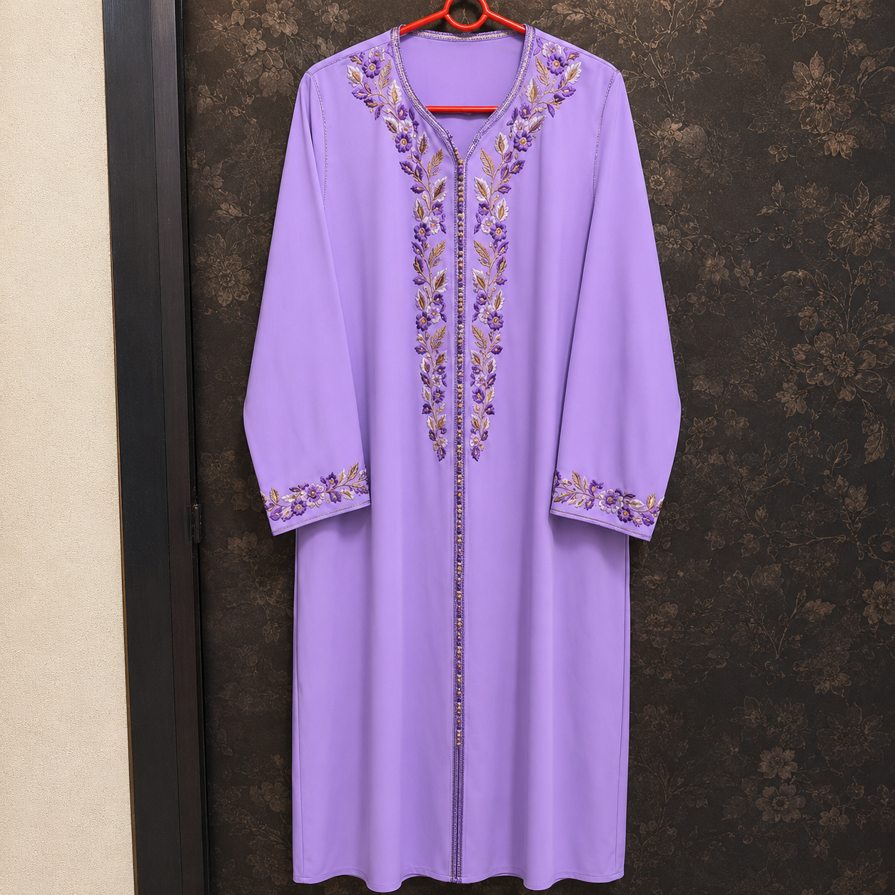 Lavender Moroccan Gandoura with Floral Embroidery 4-Piece Set