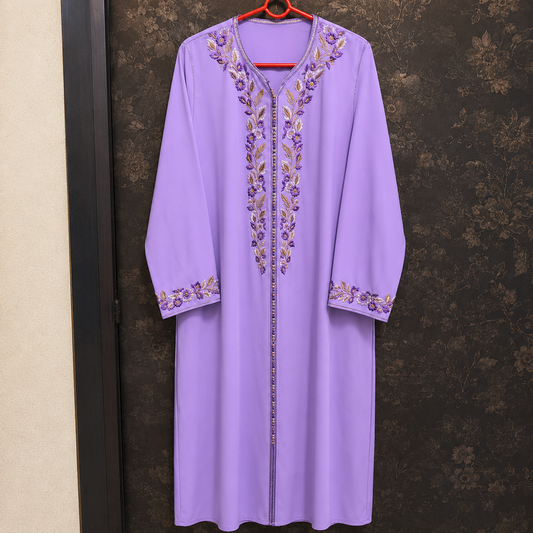 Lavender Moroccan Gandoura with Floral Embroidery 4-Piece Set