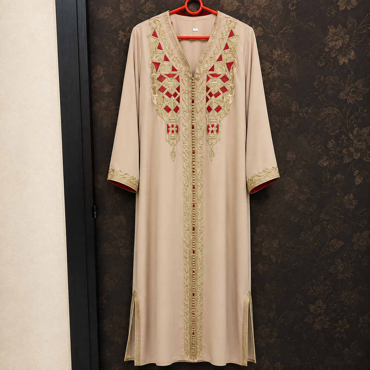 Ivory Moroccan Kaftan with Burgundy & Green Embroidery 5-Piece Set