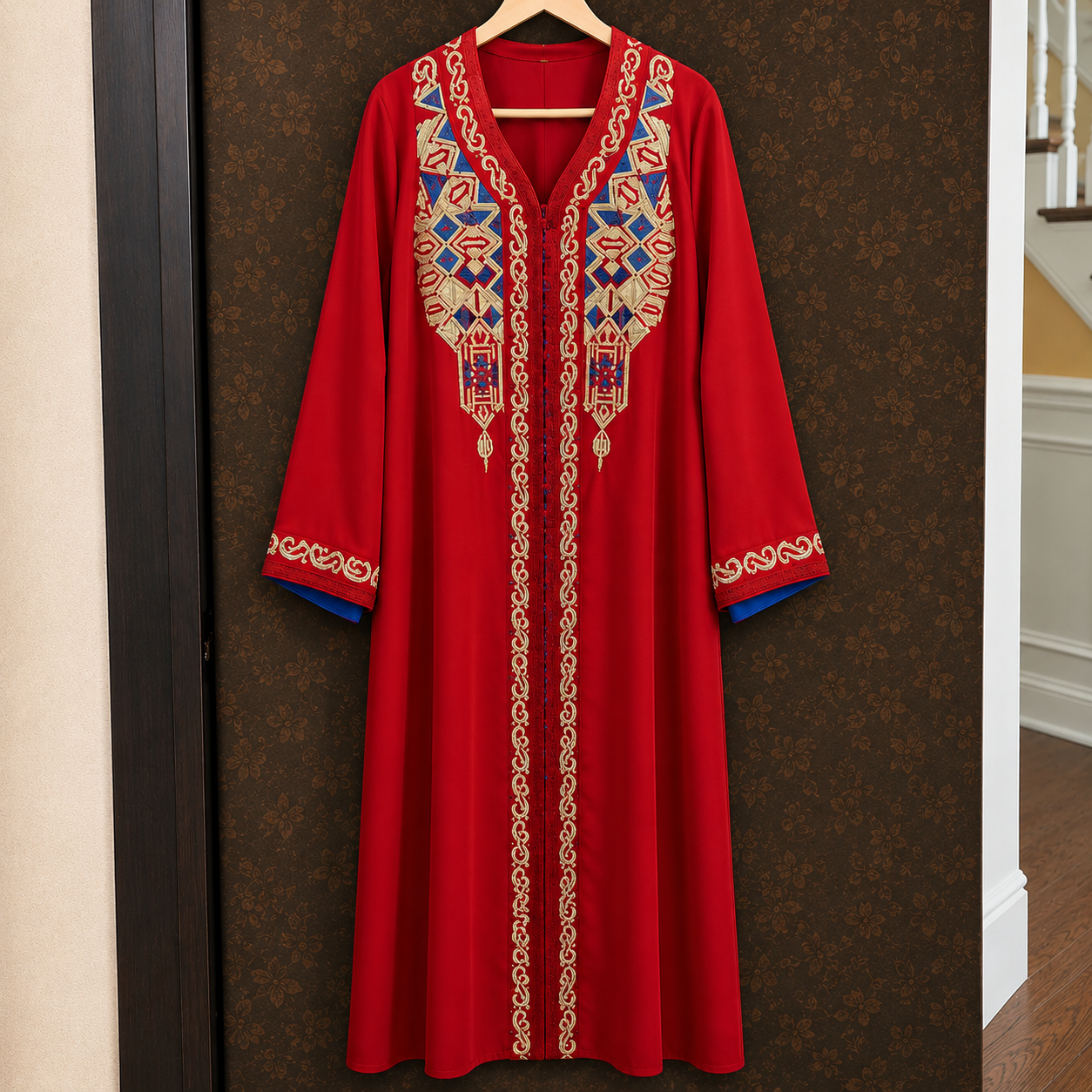 Red Moroccan Kaftan with Gold & Blue Embroidery