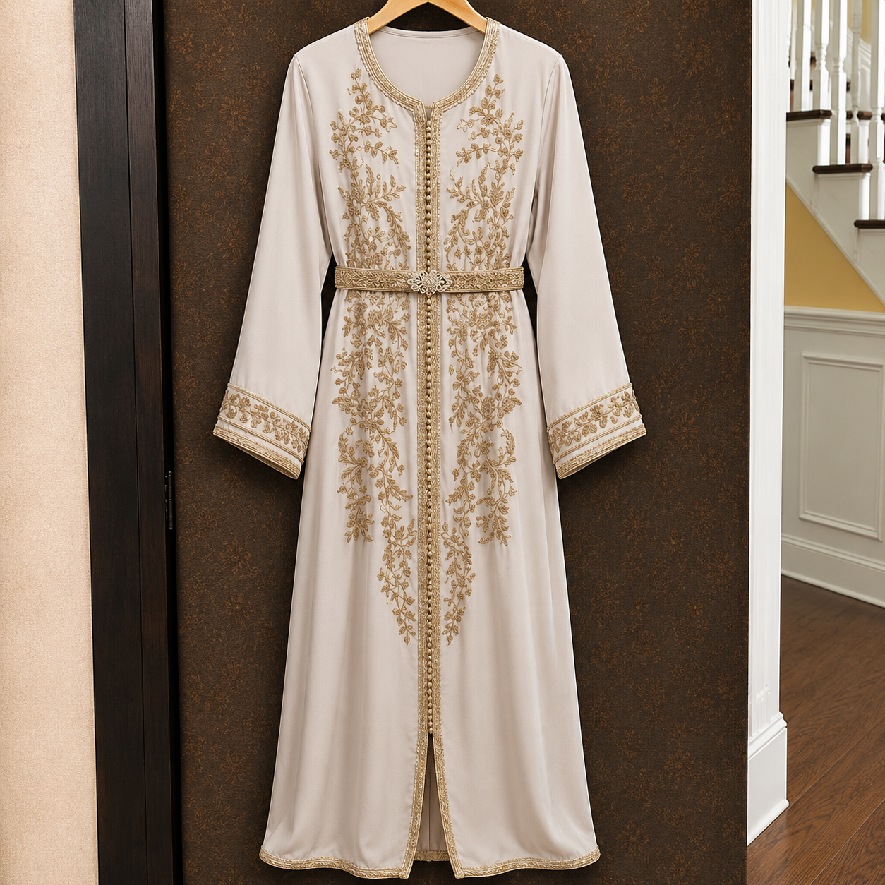 Ivory Moroccan Kaftan with Gold Floral Embroidery