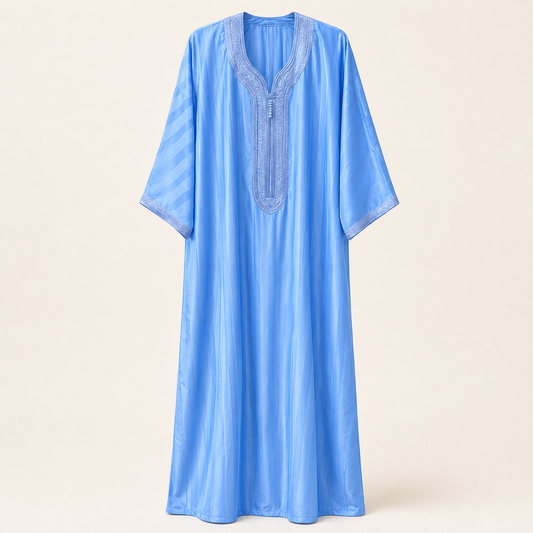 Sky Blue Moroccan Gandoura with Traditional Trim