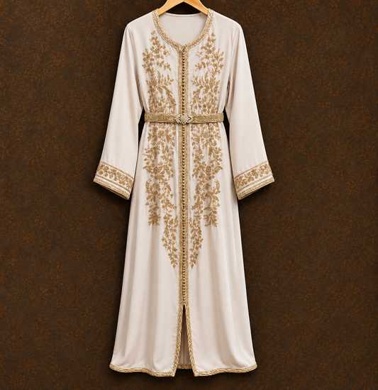 Ivory Moroccan Kaftan with Gold Floral Embroidery