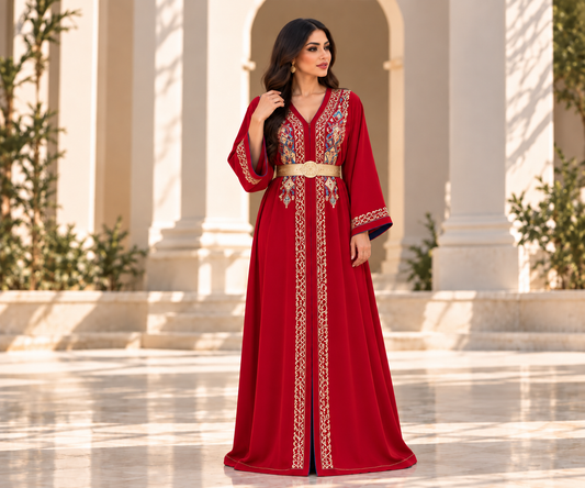 Red Moroccan 3-Piece Kaftan with Gold & Blue Embroidery | Belt Included