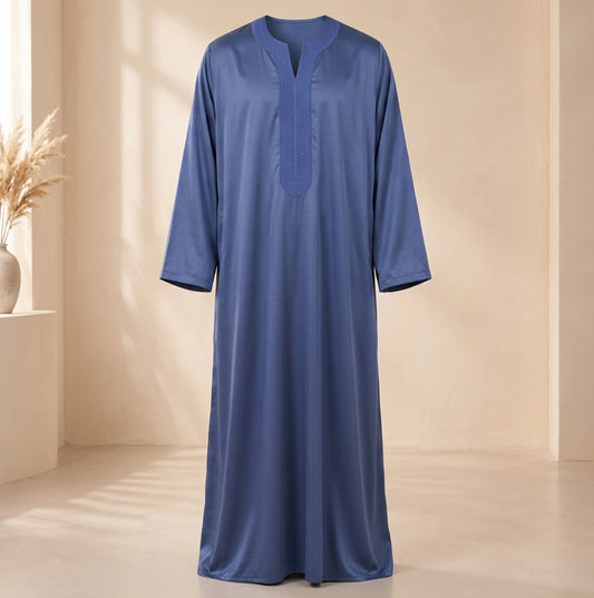 Slate Blue Moroccan Gandoura with Traditional Trim