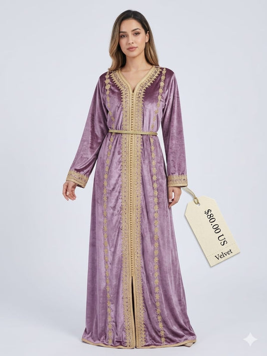 Mauve Velvet Moroccan Kaftan with Gold Embroidery
